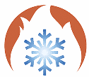 Symbole de climatisation et chauffage : flocon de neige bleu sous des formes courbes orange représentant la chaleur. Confort thermique.