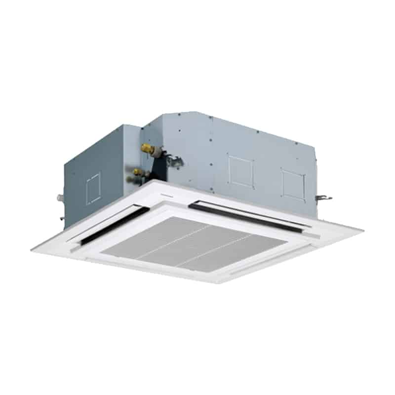 Climatisation cassette de plafond, unité intérieure blanche avec grille centrale pour installation discrète.