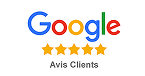 Logo Google avec 5 étoiles orange, symbolisant une excellente note ou évaluation Avis Clients.