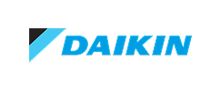 Logo Daikin officiel : le nom DAIKIN en bleu et un symbole graphique stylisé bleu et noir sur fond noir.