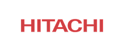 Logo Hitachi officiel en lettres capitales rouges sur un fond noir uni.