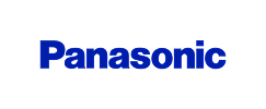 Logo Panasonic bleu sur fond noir.