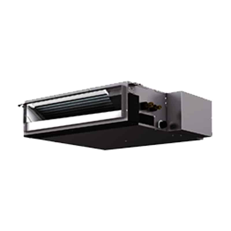 Unité intérieure gainable de climatisation CVC avec échangeur de chaleur visible pour installation discrète.